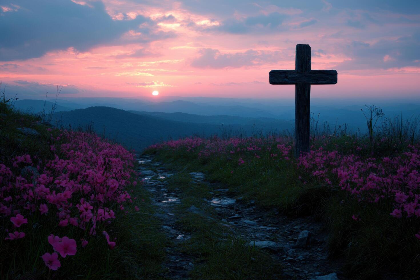 sunset over the mountains with a cross in the foreground photo
