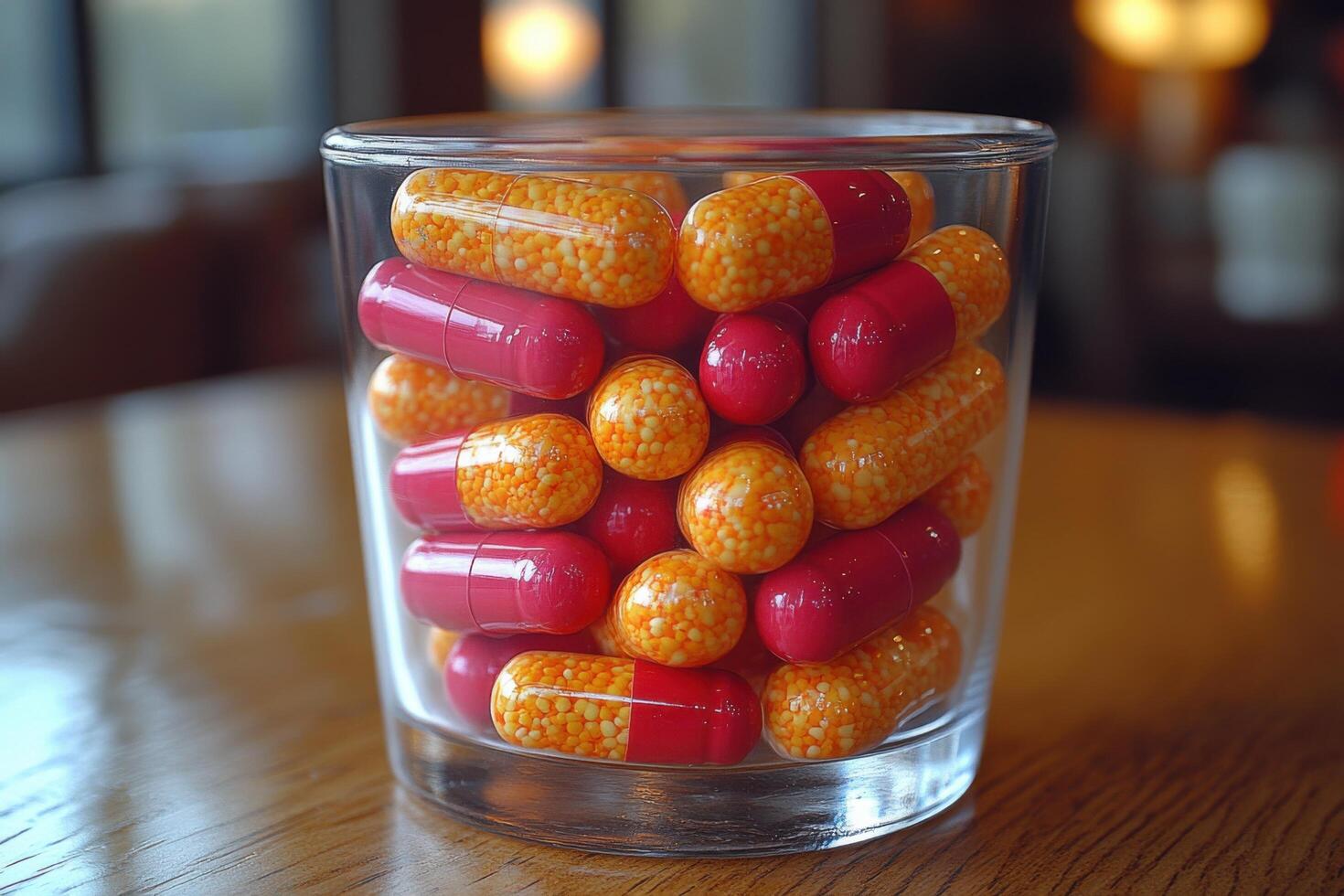 a glass filled with colorful pills on a table photo