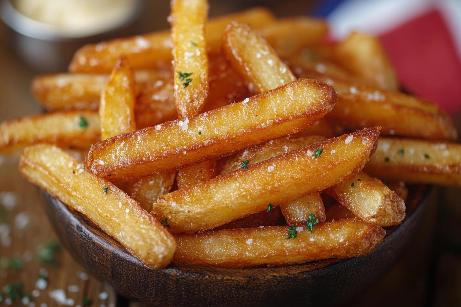 Closeup French fries, Potato chips. Yellow crispy fries in wooden basket on dark table snack delicious food photo