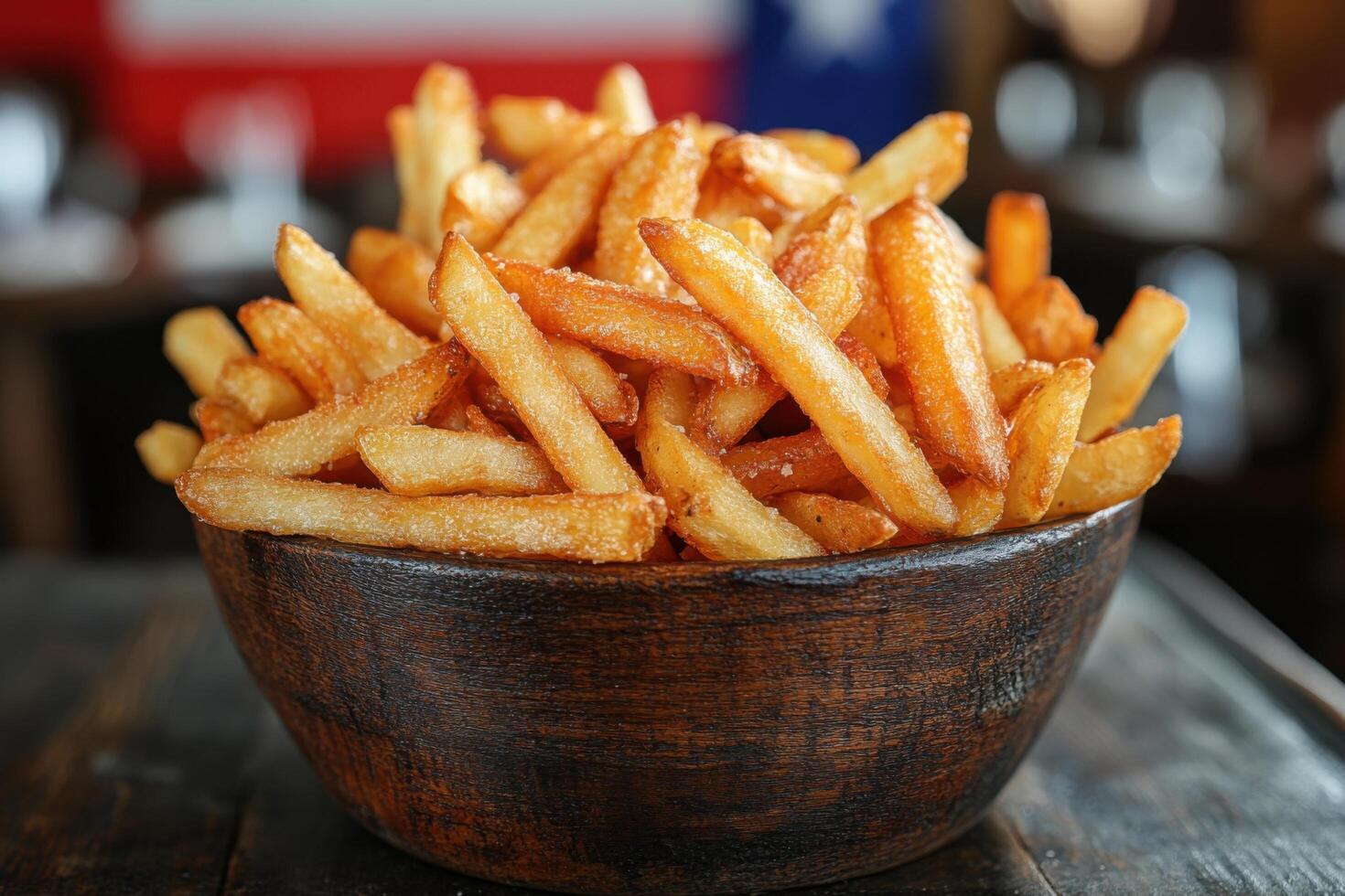 Closeup French fries Potato chips. Yellow crispy fries in wooden basket on dark table, snack delicious food photo