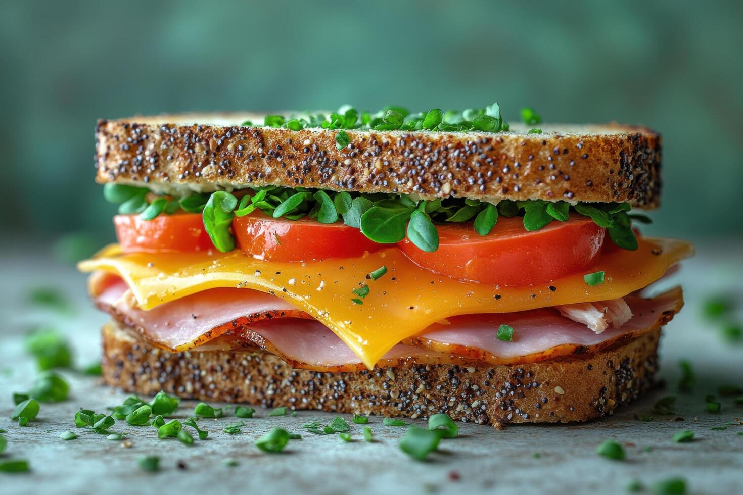 ham, cheese and tomato sandwich on a dark background photo
