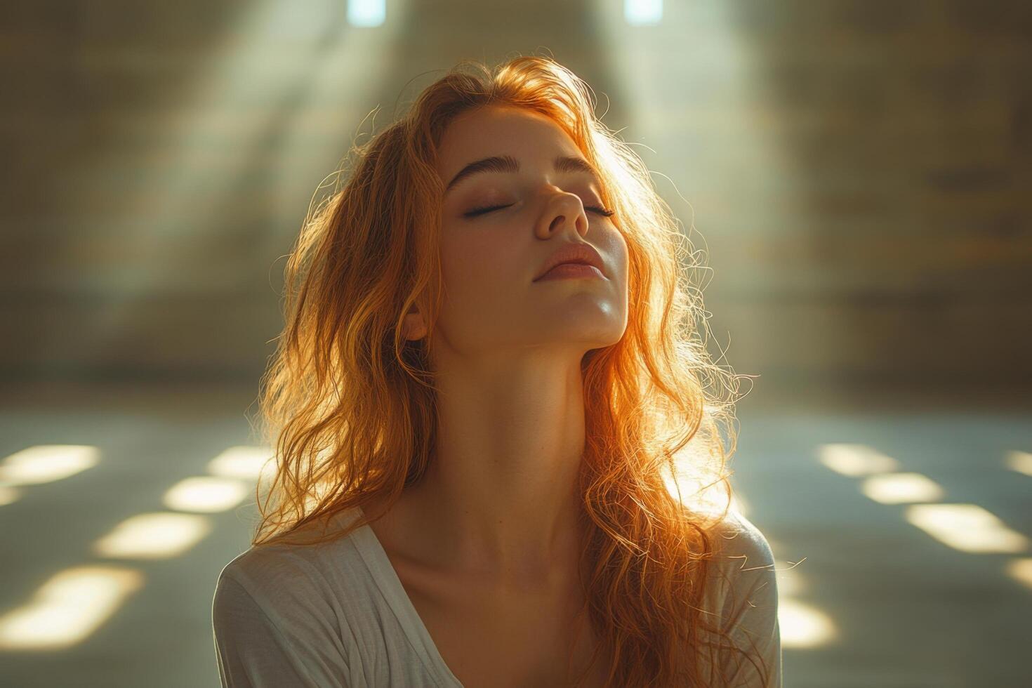 a woman with red hair is looking up at the sun photo