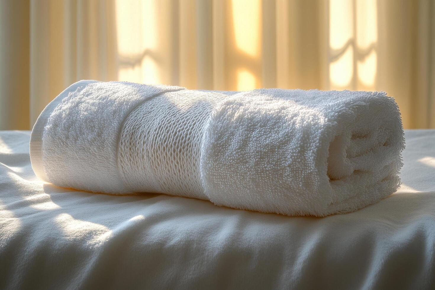 a white towel is sitting on top of a bed photo