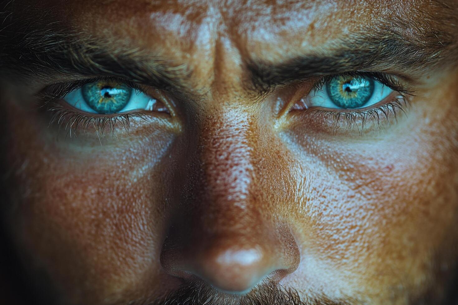 a close up of a man with blue eyes photo