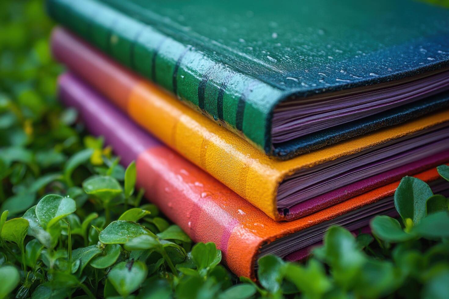 three colorful books sitting on grass photo