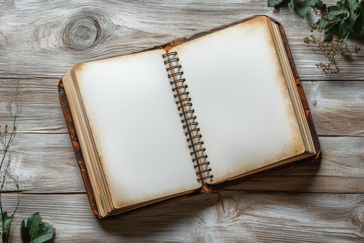 Open empty notebook on a spring on a wooden table background. Notes, banner with space for text photo