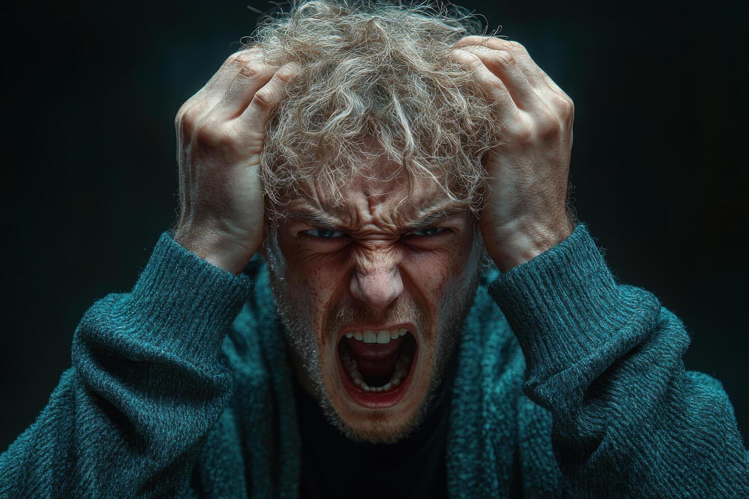 a man with a white beard and a white shirt is holding his head photo