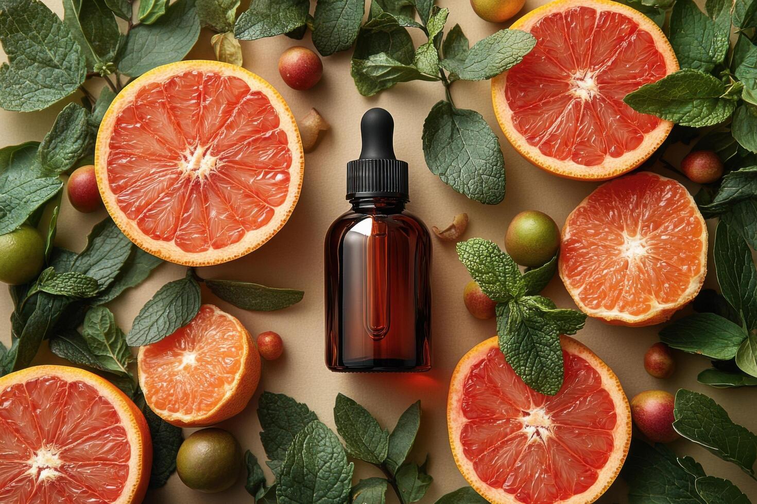 grapefruit essential oil in a bottle surrounded by oranges and leaves photo