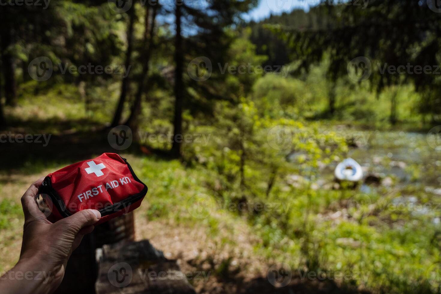 In the peaceful and serene woods, a person is holding a first aid kit, surrounded by the calming beauty of nature and the soothing sounds of various wildlife activities nearby photo