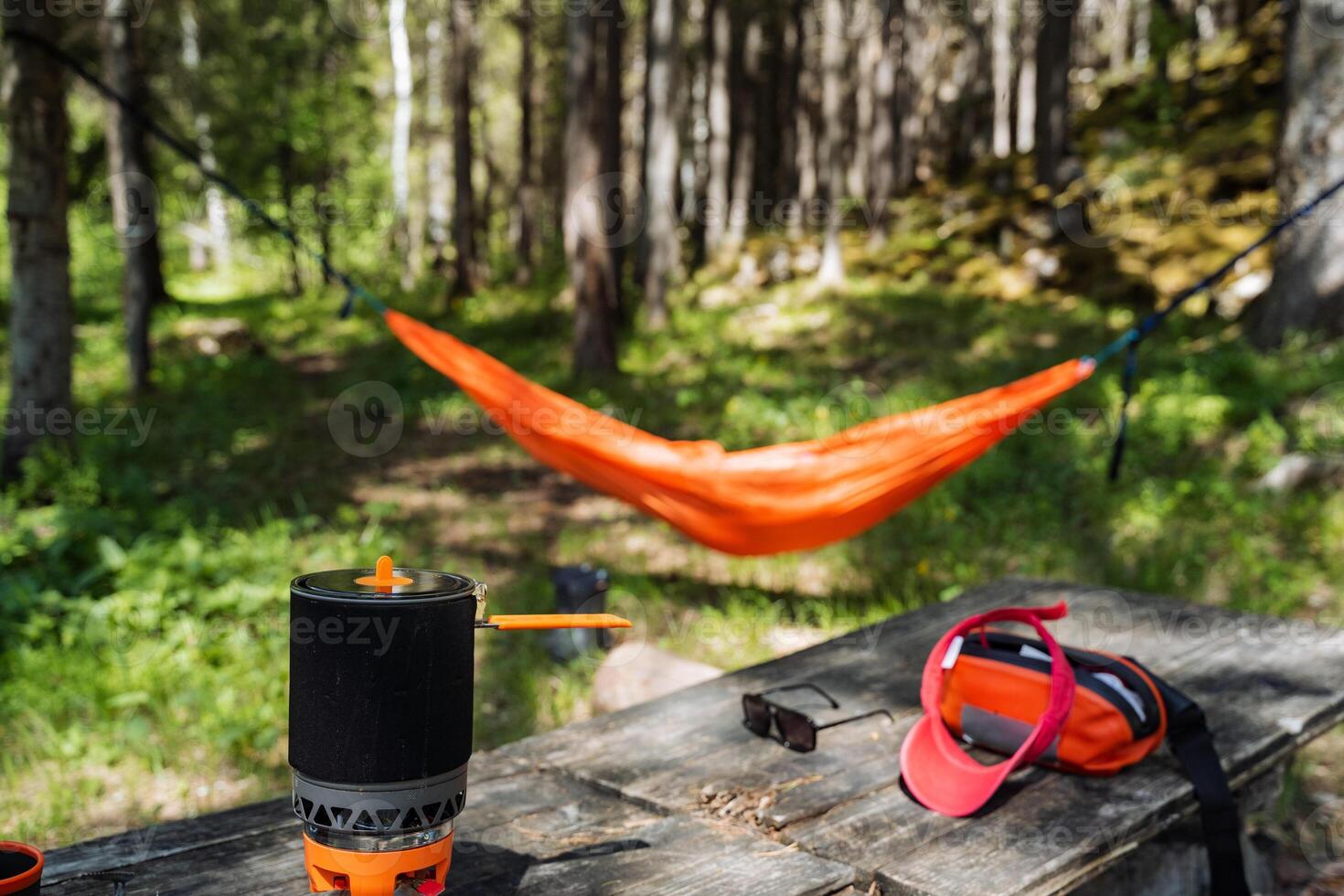 A hammock is gently suspended above a picnic table nestled in tranquil woods, creating a perfect spot for relaxation and enjoyment in natures warm embrace on a sunny day photo