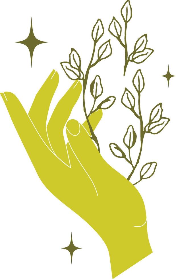 Hand with herbs icon. witchcraft decoration design sticker vector