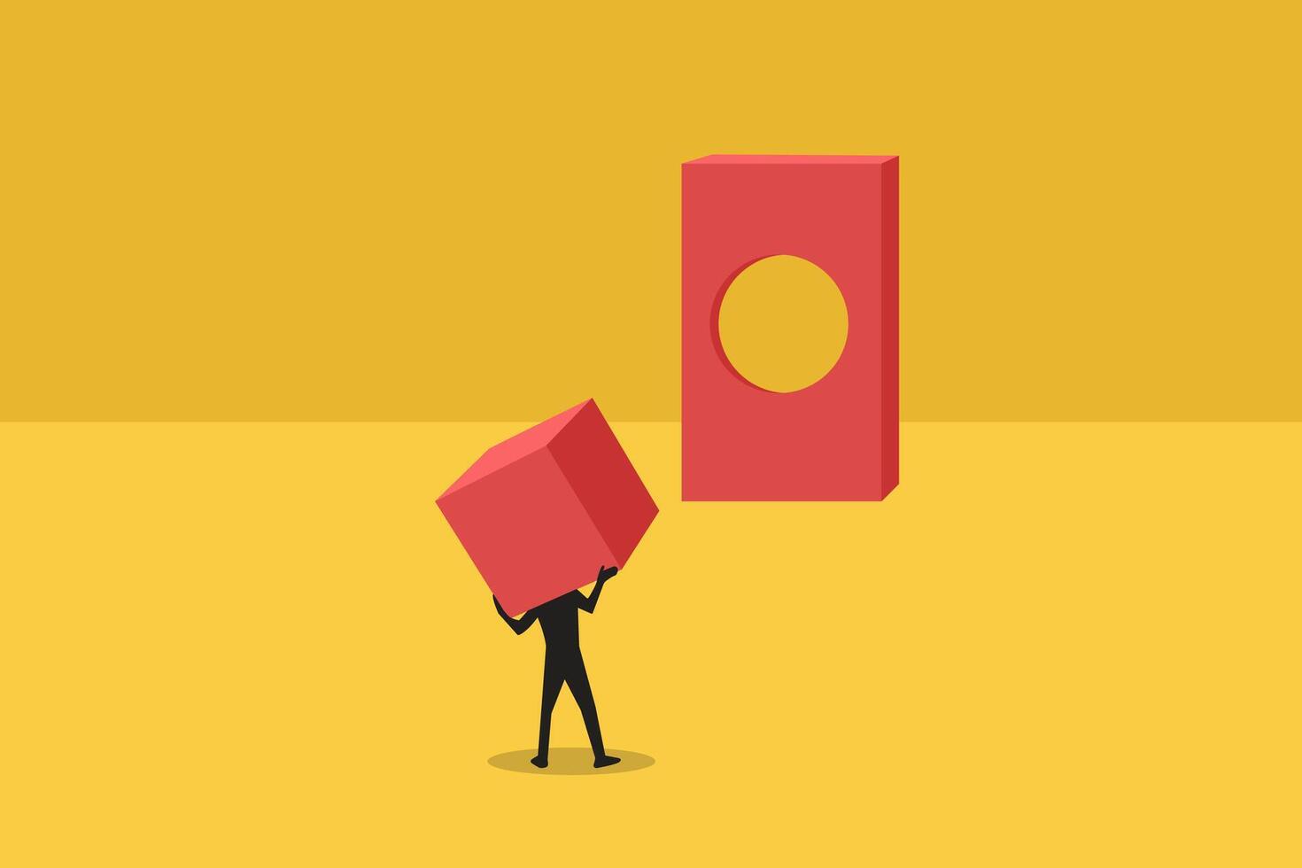 Businessman bring cube to hole. concept of struggle, challenge, difficulty. Minimal design eps10 illustration vector
