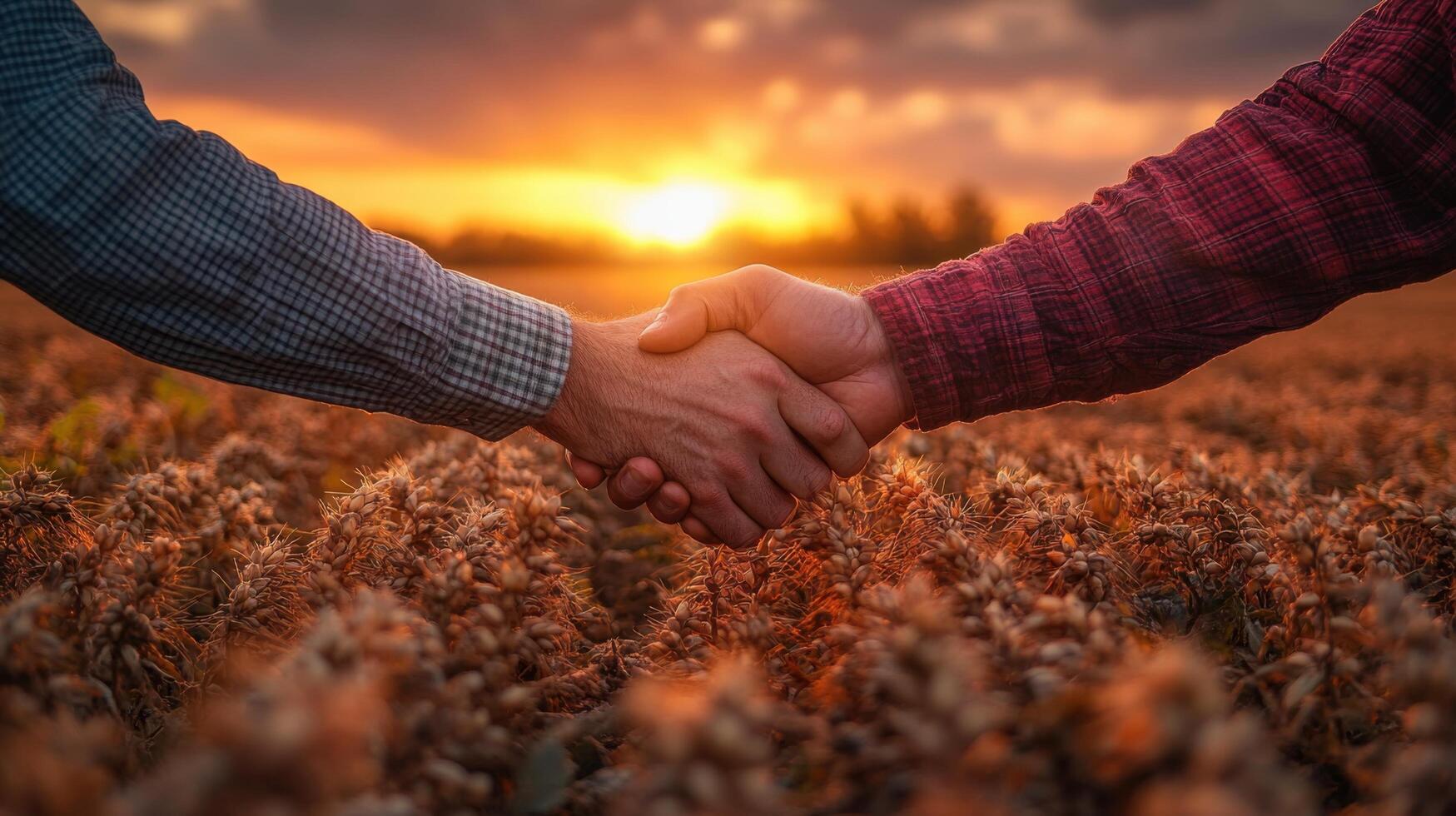 two men shaking hands in a field at sunset photo