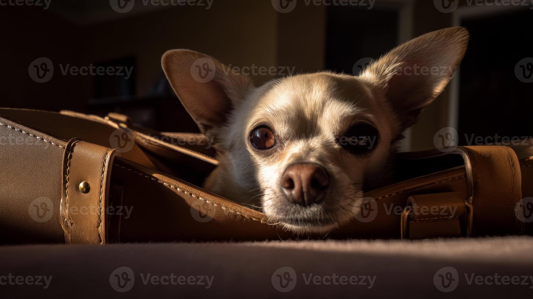 Adorable Chihuahua Relaxing in a Stylish Bag with Soft Morning Light Creating a Cozy Atmosphere photo