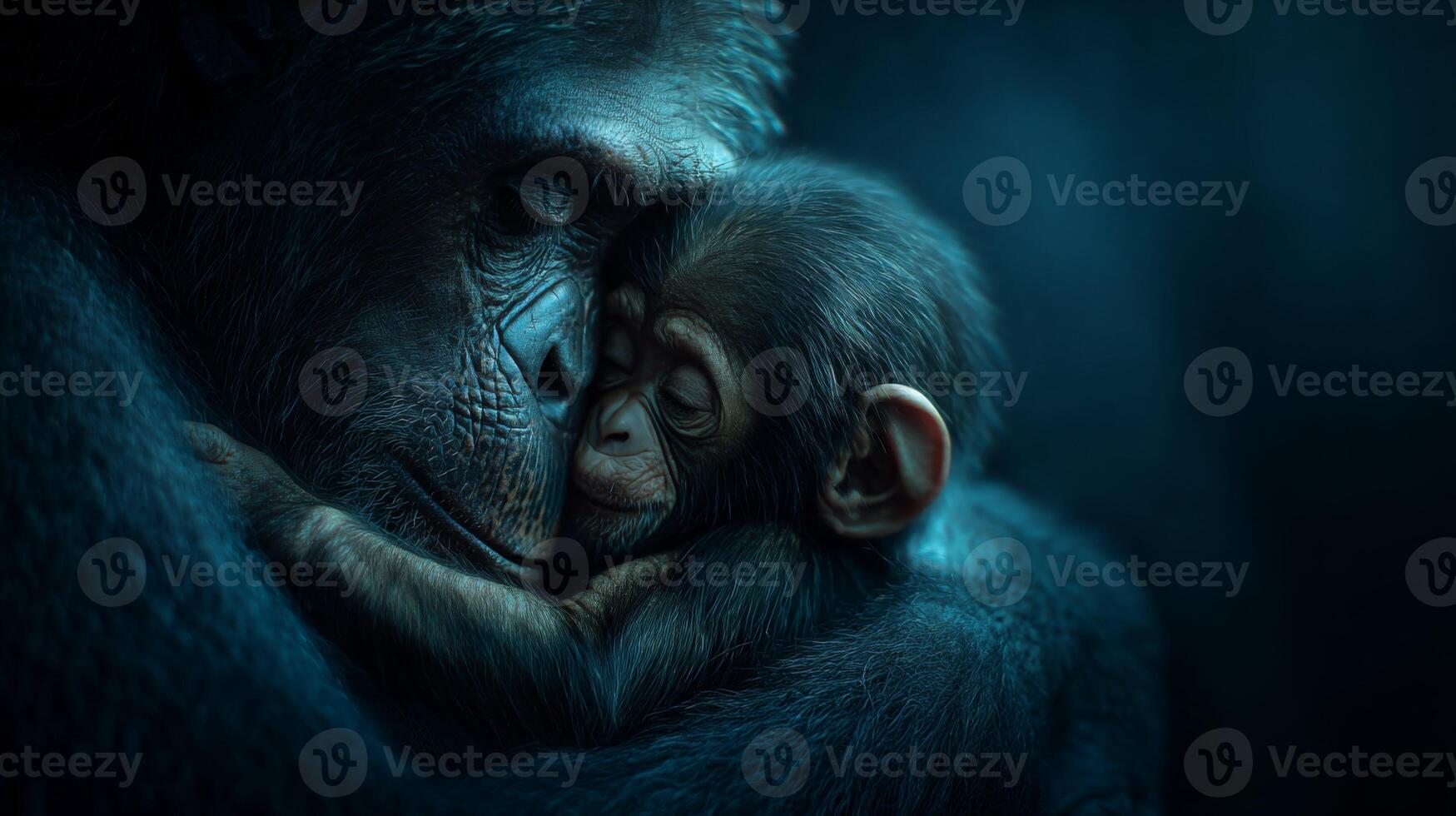 Heartwarming Embrace of a Mother Primate and Her Baby in a Dark, Serene Environment photo