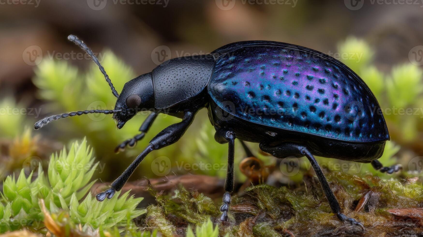 Close-up of a vibrant beetle resting on damp moss showcasing stunning iridescent colors and intricate details in nature photo
