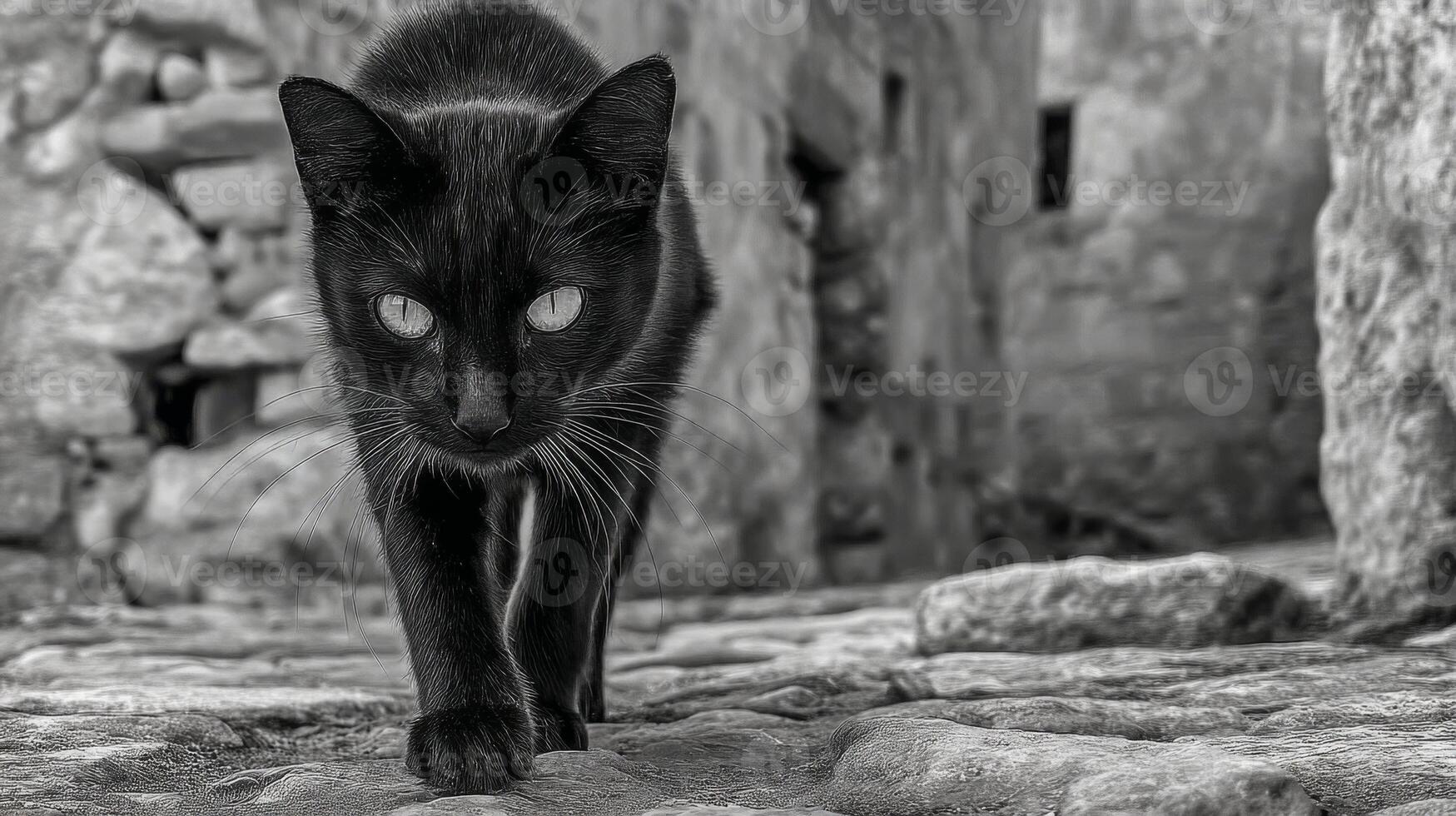 Mysterious black cat prowling through ancient stone alleyway, creating an enigmatic atmosphere in monochrome setting photo