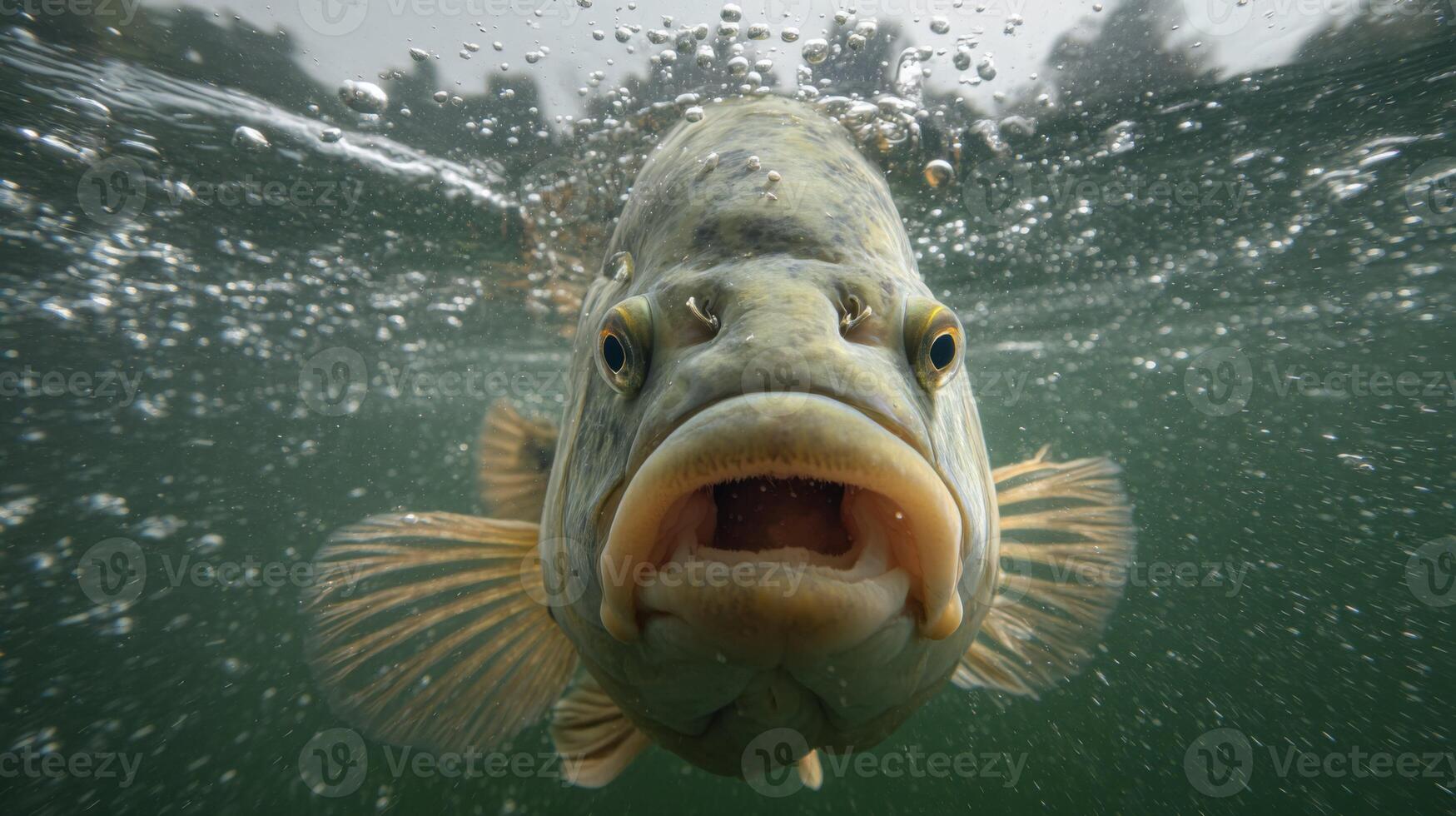 Close-Up of a Fish Swimming Underwater with Bubbles and Murky Green Water Background photo