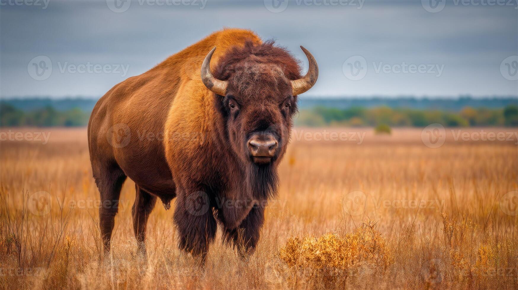 Majestic bison standing in a golden grassy field under a cloudy sky, showcasing the beauty of wildlife and nature's landscapes photo
