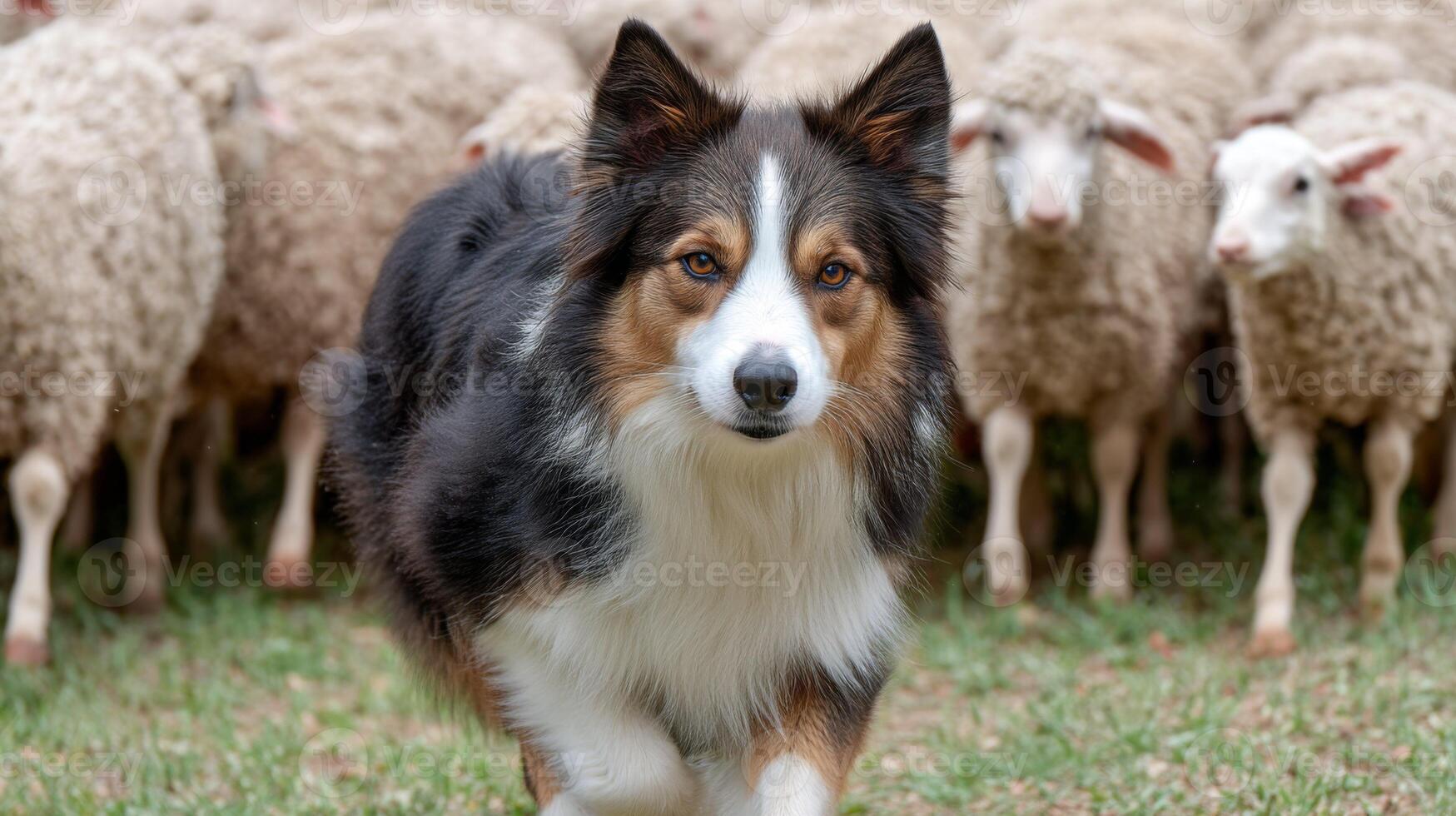 Agile Dog Herding Sheep on Pasture with Flock in Background Showcasing Working Animal Skills and Farm Life Scene photo