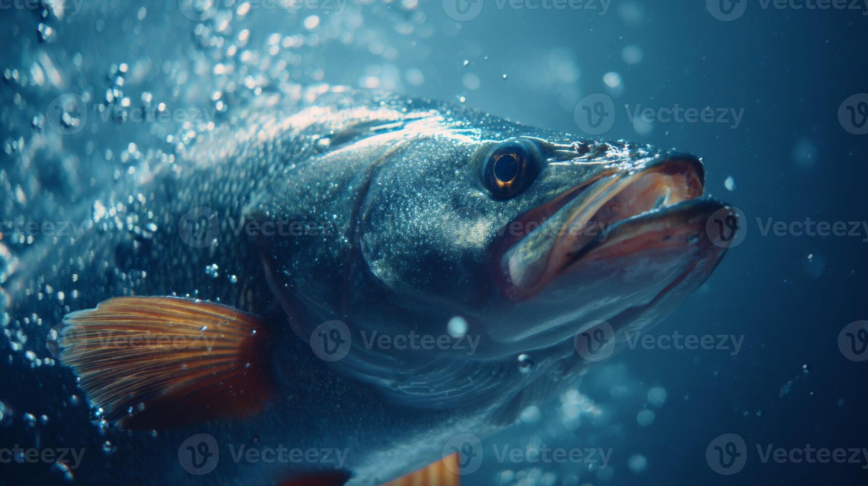 Captivating Underwater View of Fish Swimming Through Bubbles in Crystal Clear Water Against Deep Blue Background photo