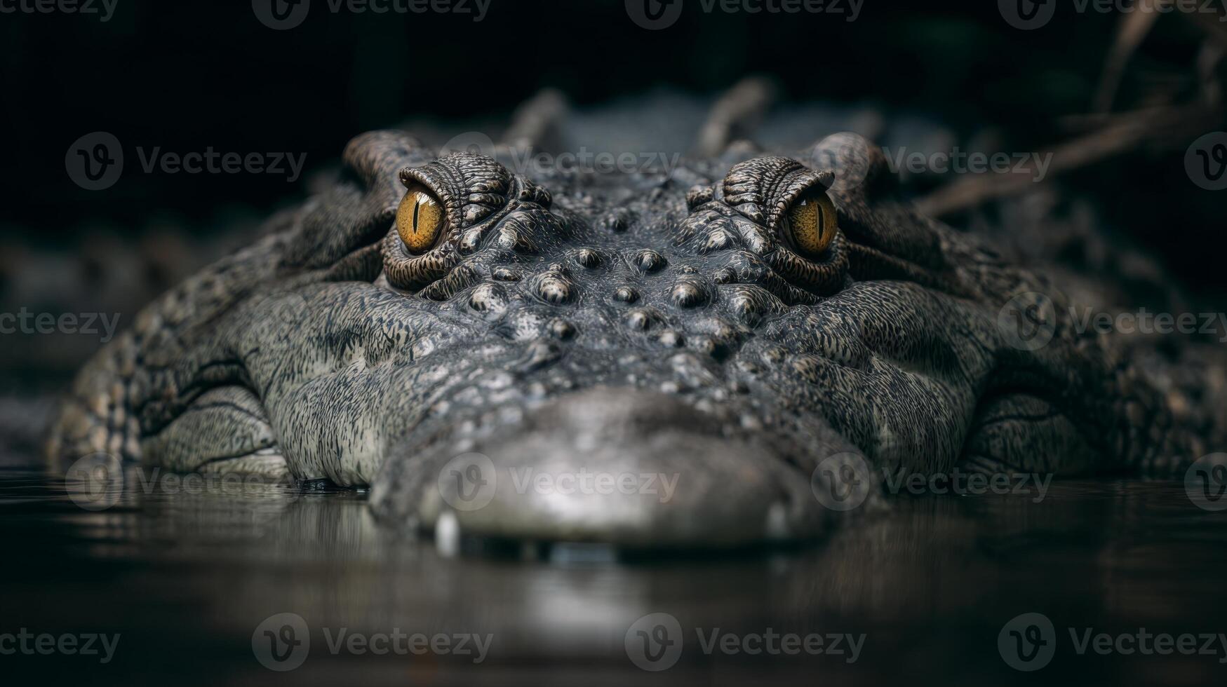 Close-up of a Crocodile Emerging from Water with Striking Yellow Eyes and Textured Skin Features photo