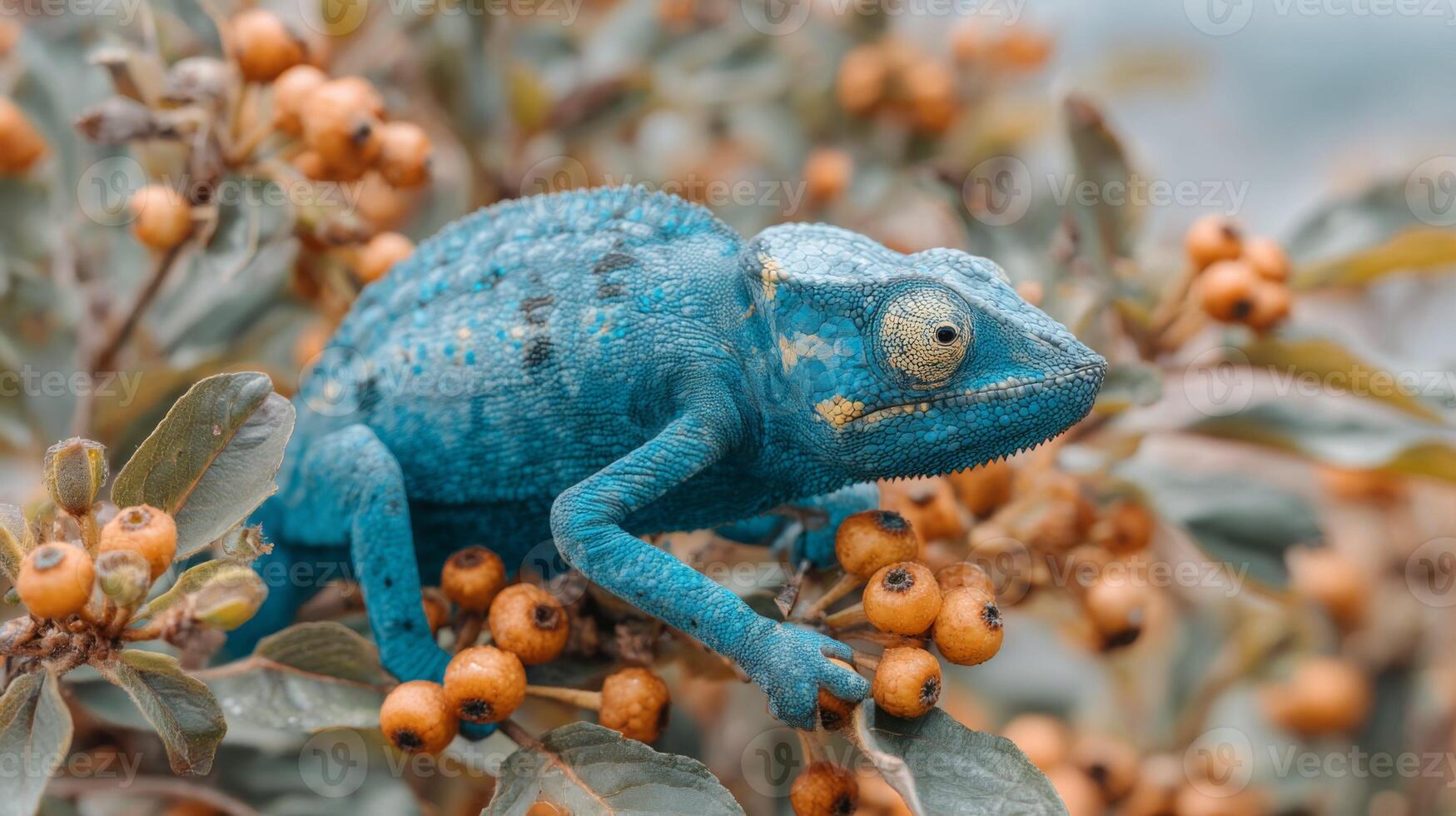 Vibrant Blue Chameleon on Branch Surrounded by Orange Berries in Natural Habitat, Showcasing Unique Coloration and Details photo