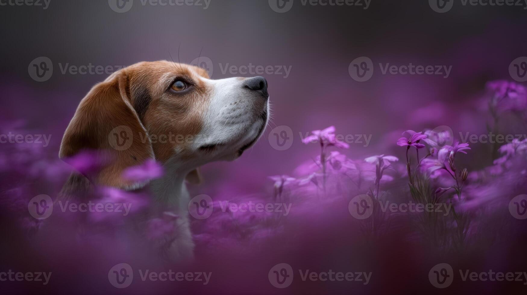 Beagle Dog Surrounded by Beautiful Purple Flowers in a Serene Natural Setting with Soft Focus Background photo