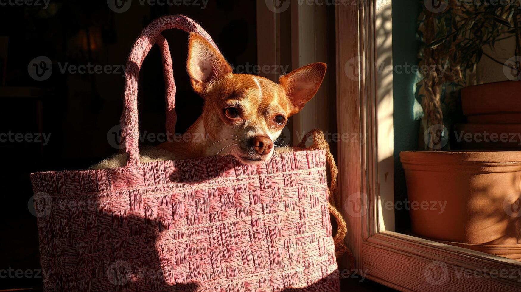 Cute Chihuahua Peeking Out of a Pink Bag in Bright Sunlight at Home with Soft Shadows and Greenery in the Background photo