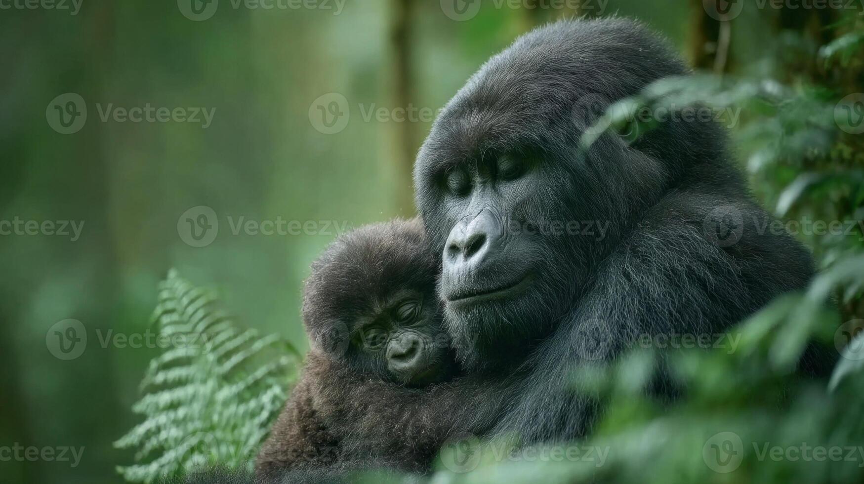 a mother gorilla and her baby in the forest photo