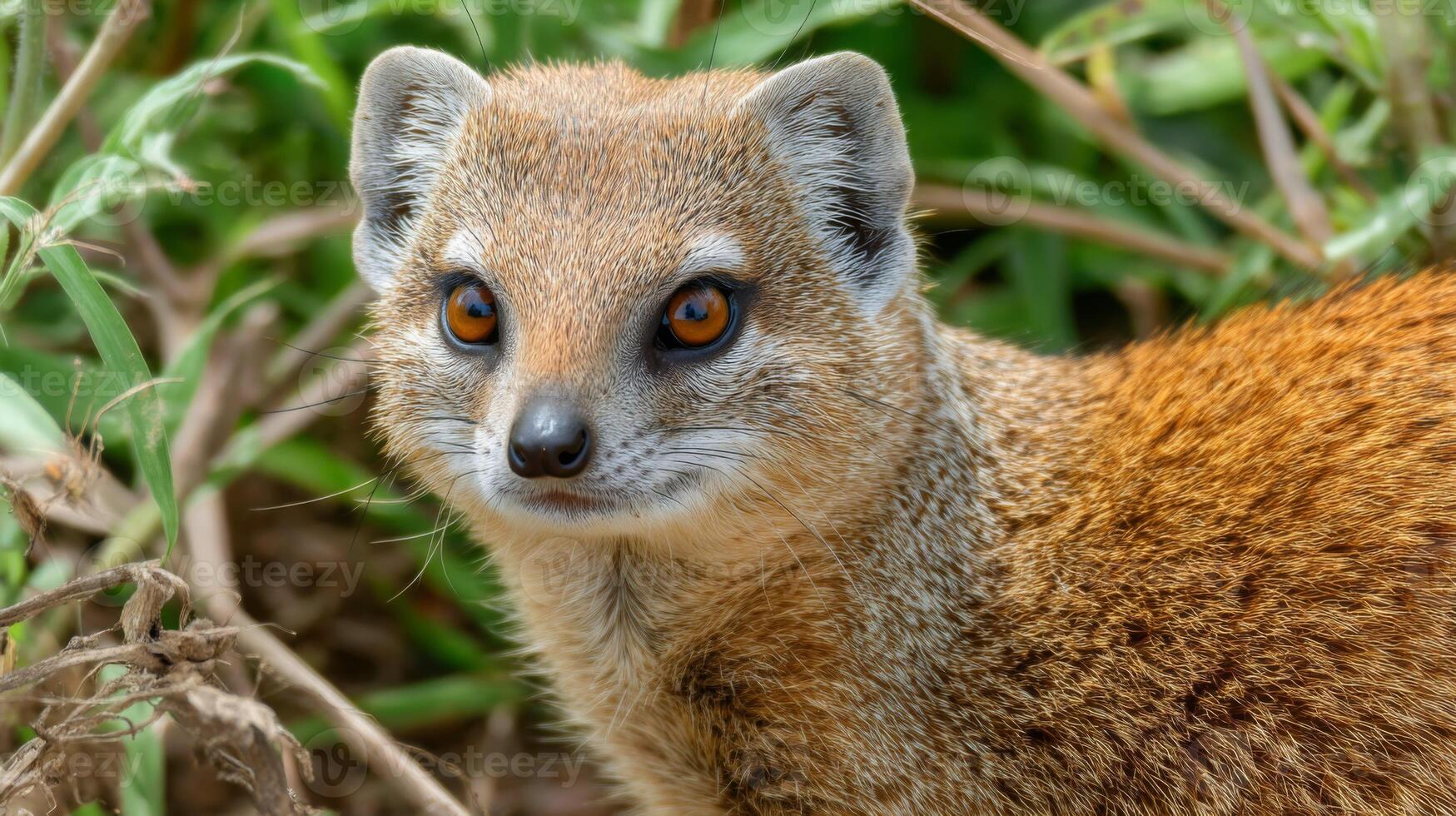 Close-up portrait of a small brown mammal in a natural habitat showcasing its vibrant eyes and curious expression photo