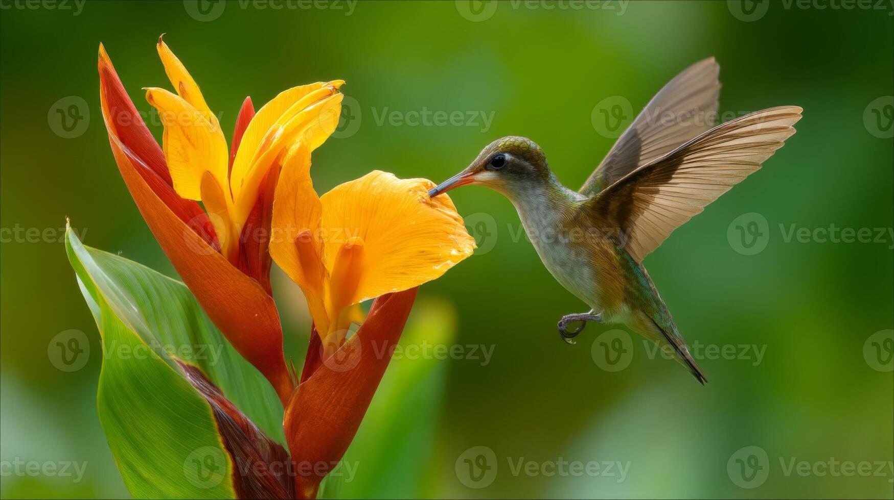 Vibrant Hummingbird Hovering Near Bright Orange Flower in Lush Green Background photo