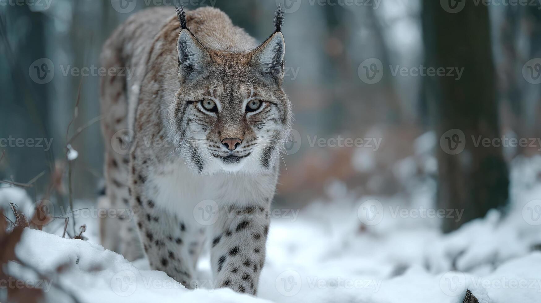 Majestic Lynx Stalking Through a Snowy Forest with Captivating Eyes and Beautiful Fur in a Winter Wonderland photo