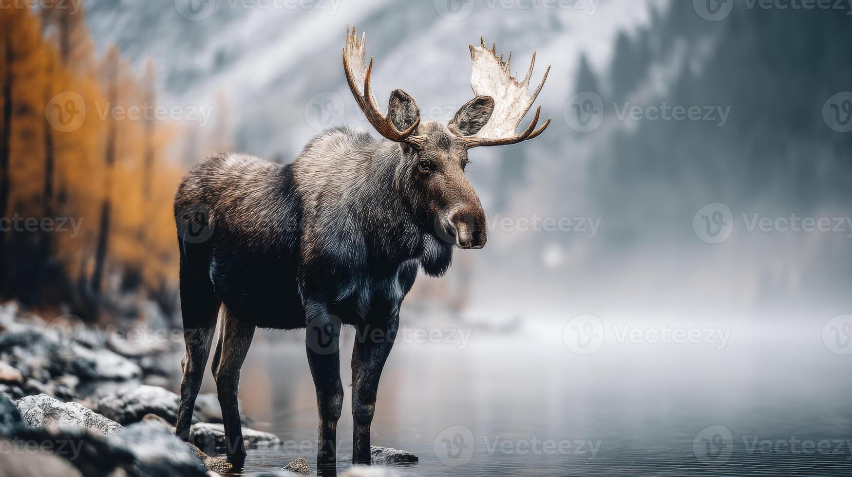 Majestic moose standing by misty lake surrounded by autumn foliage in tranquil mountain landscape during foggy morning light. photo