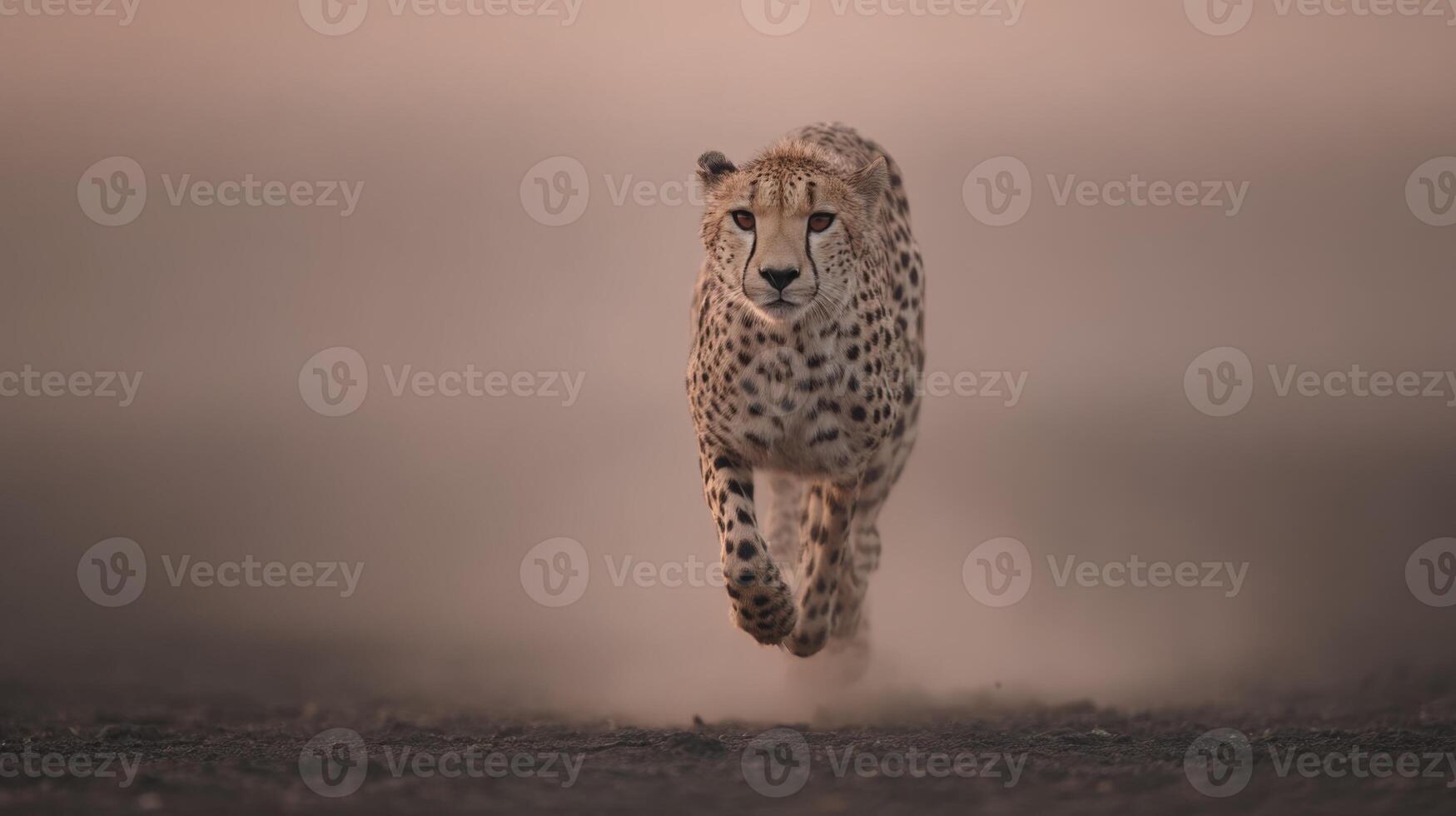 Majestic Cheetah Running in Dusty Landscape Under Soft Light at Dusk, Capturing Speed and Grace in Nature photo