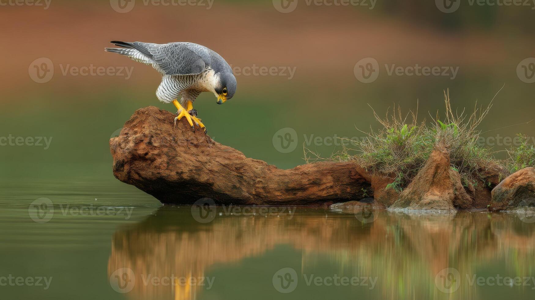 Majestic Bird of Prey Observing Its Reflection in Calm Water on a Tranquil Natural Background photo
