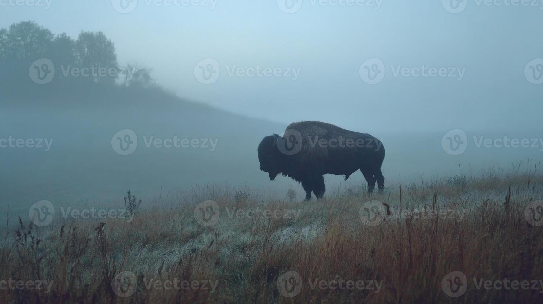 Majestic Bison Wandering Through Misty Grassland in Early Morning Light, Nature at Its Most Serene and Captivating photo