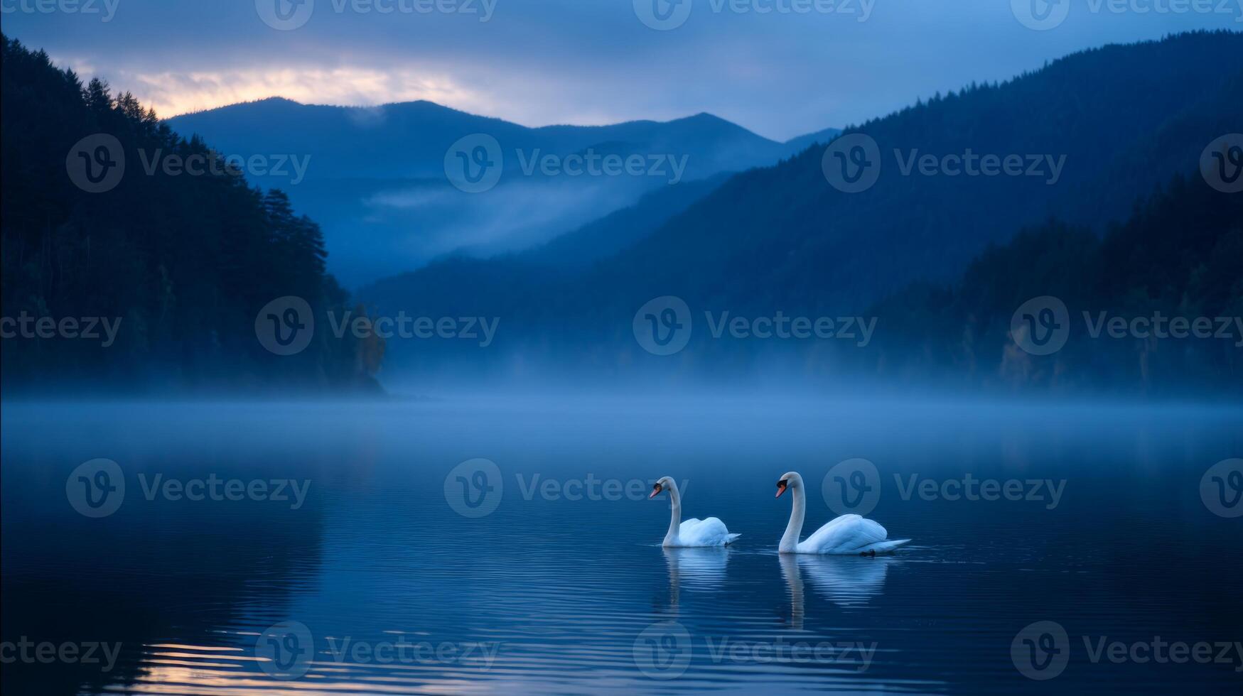 Serene Landscape at Dusk Featuring Elegant Swans on a Misty Lake Surrounded by Lush Forest and Majestic Mountains photo
