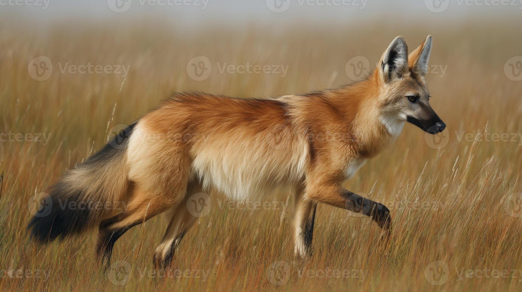 Majestic red fox walking gracefully through a sunlit field of tall grass in a vibrant natural landscape photo