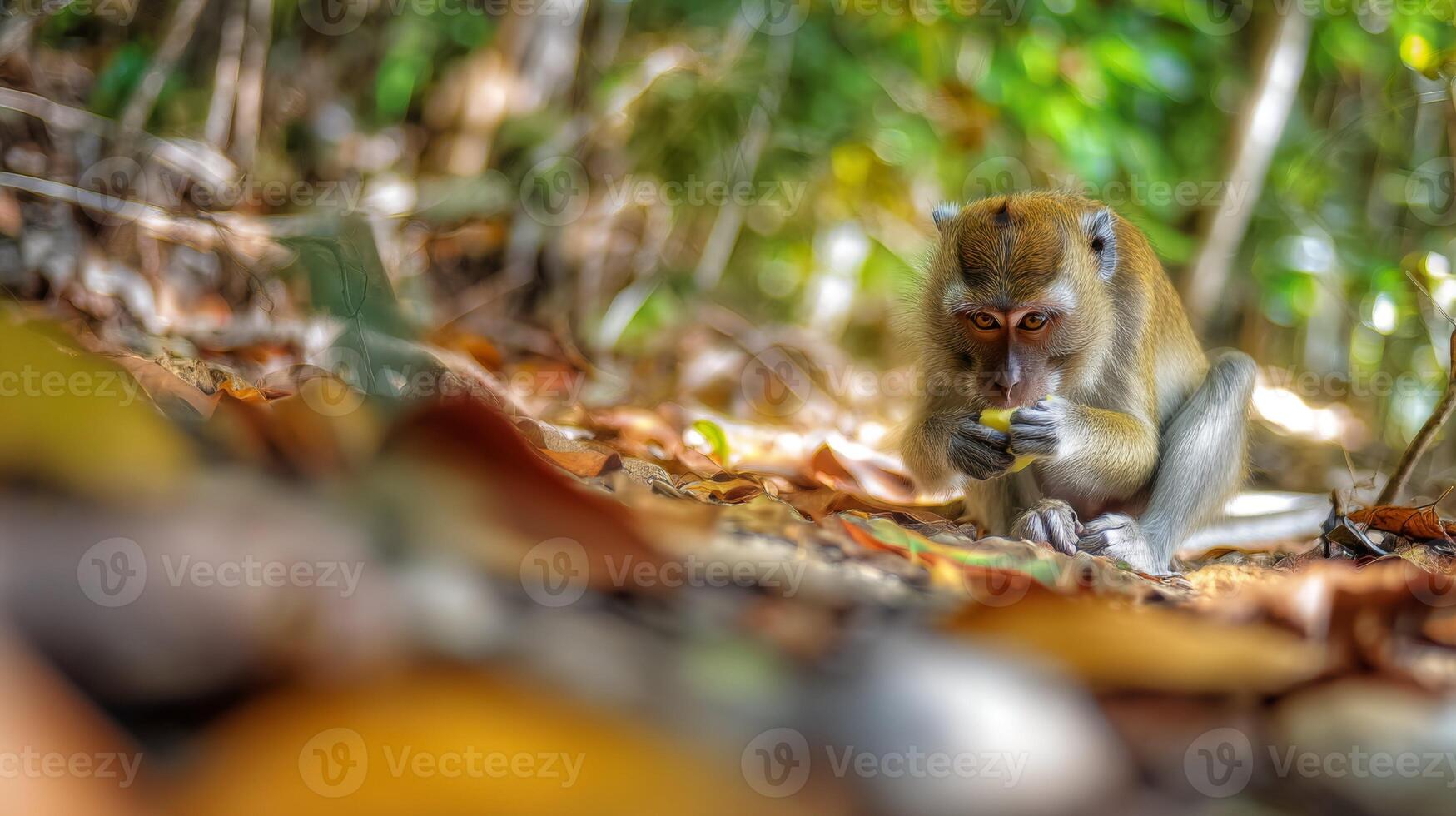 Focused monkey in natural habitat, foraging among fallen leaves under soft sunlight in a lush forest setting photo