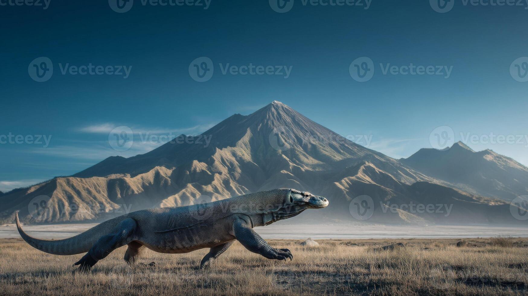 Majestic prehistoric creature running across a vast landscape with a towering mountain backdrop at dawn photo