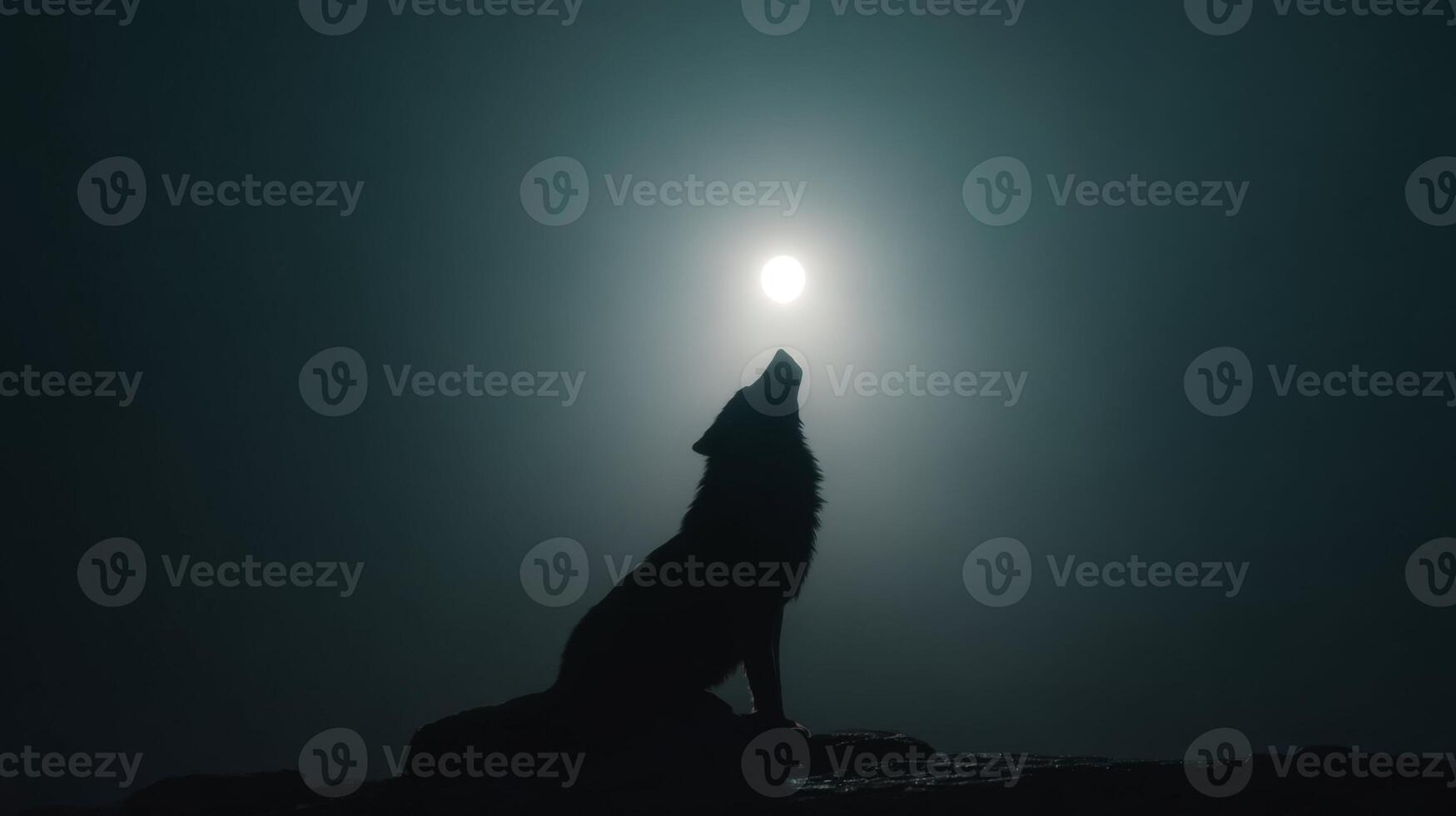 Mysterious Wolf Howling Under Full Moon in Foggy Night Sky Capturing the Essence of Wilderness and Raw Nature's Beauty photo