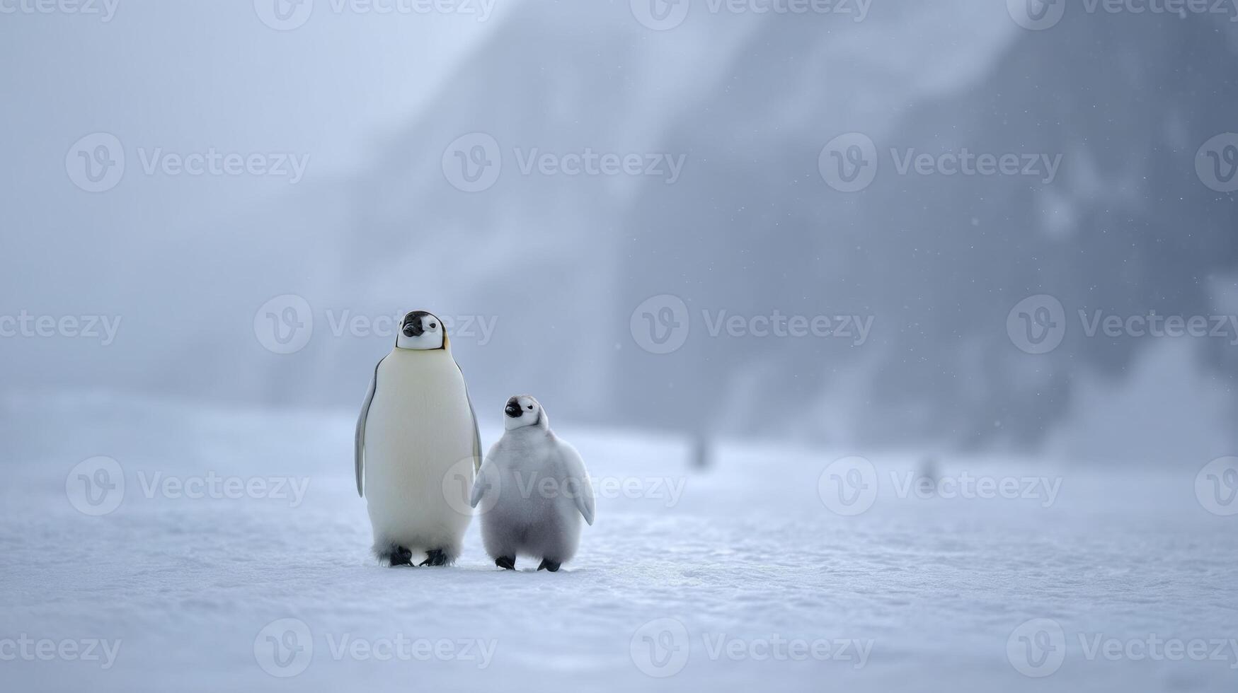 Two Adorable Penguins Standing Together on a Snowy Landscape in a Cold and Chilly Arctic Environment photo