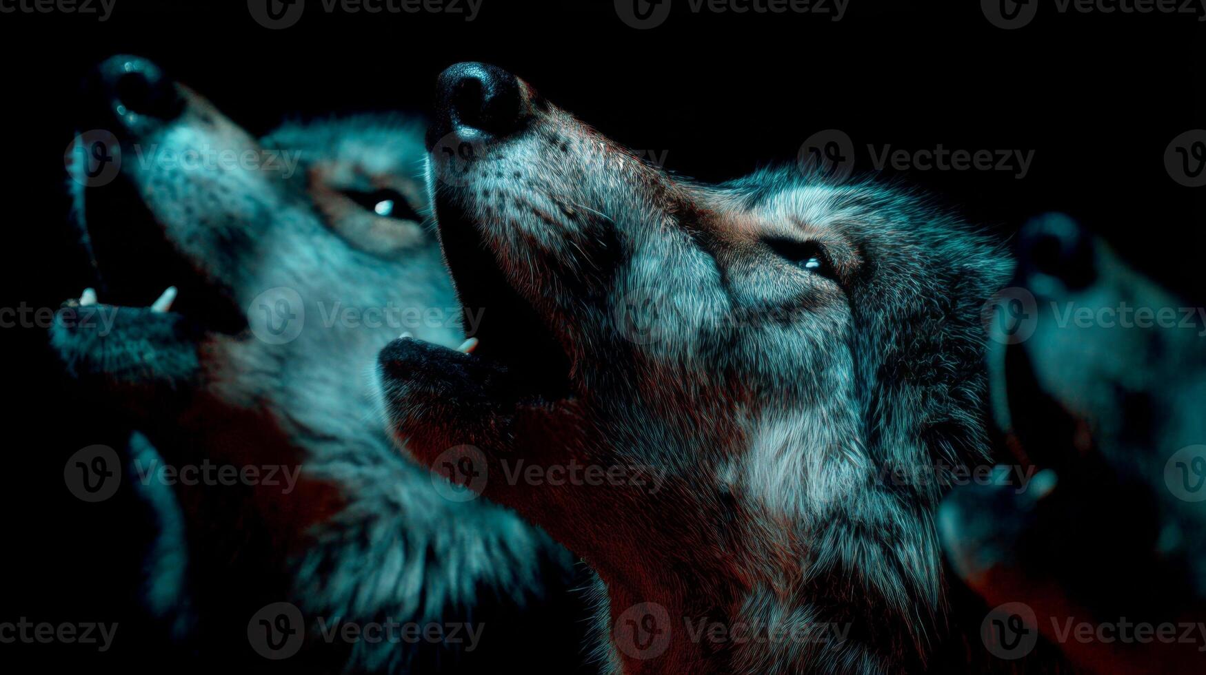 Three Howling Wolves in a Dark Environment with Captivating Blue Lighting and Expressive Eyes photo