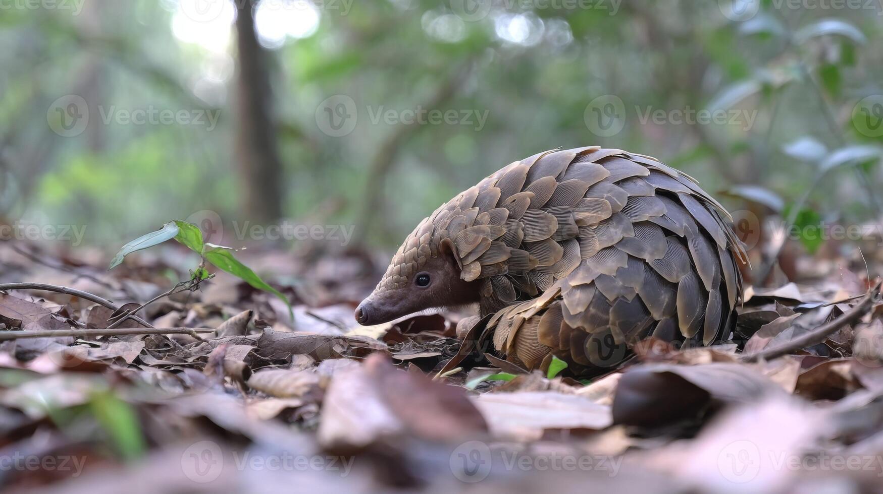 Close-Up of a Pangolin with Scales Surrounded by Leaves in an Asian Forest Habitat Captured in Natural Setting photo