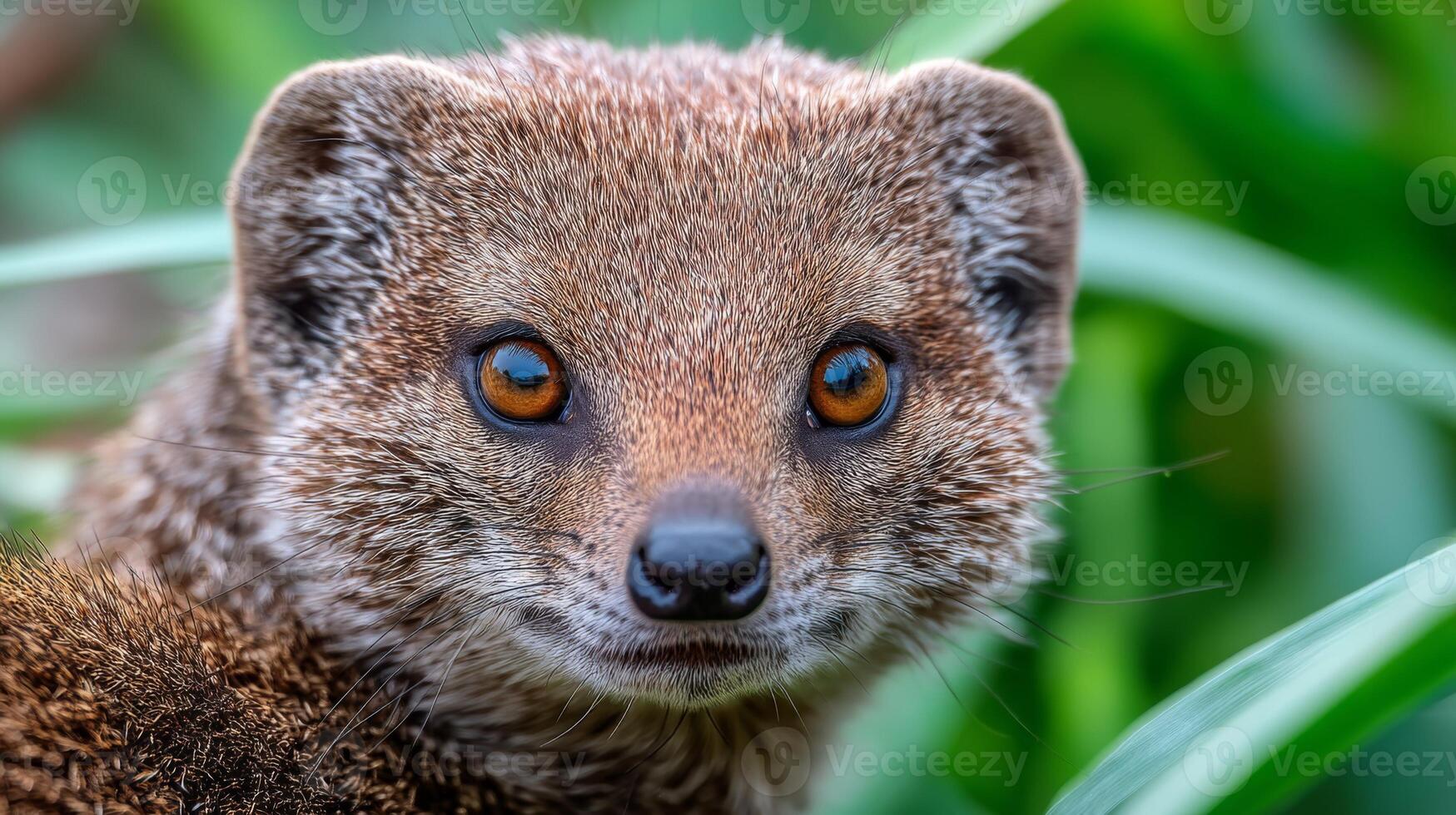 Close-Up of a Cute Mongoose with Bright Eyes in Lush Green Environment Capturing Wildlife Beauty in Nature photo