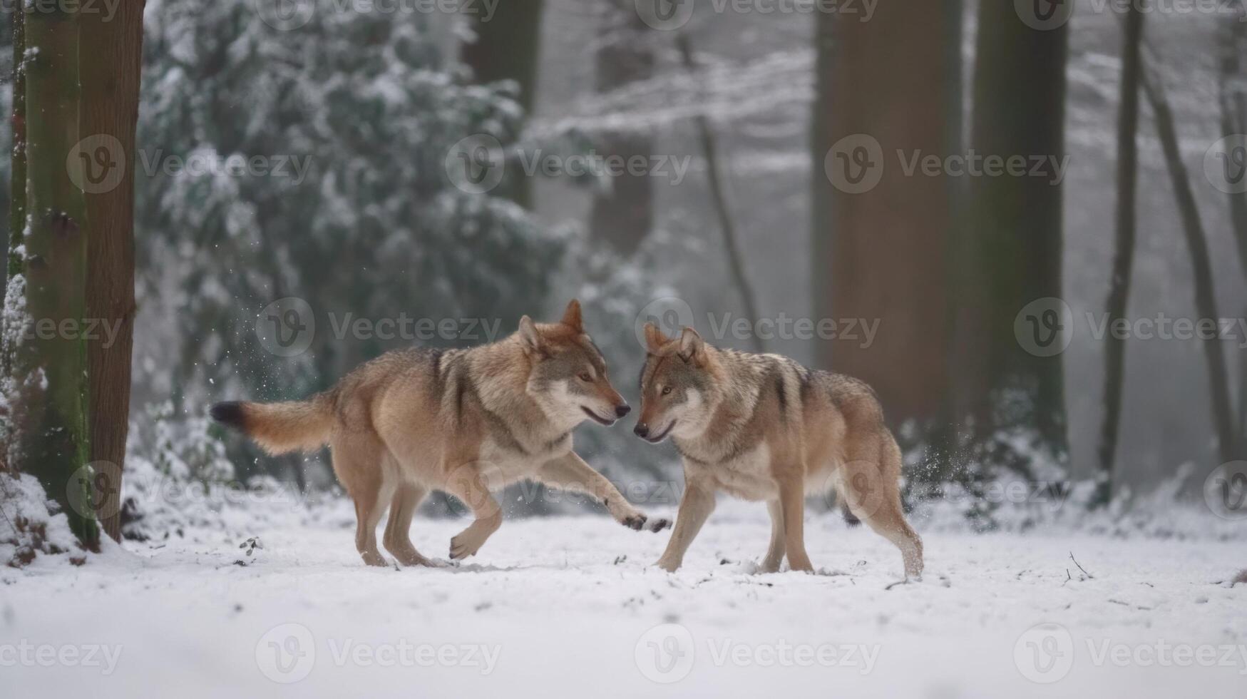 Two Wolves Playfully Interacting in a Snowy Forest Landscape With Trees in a Calm Winter Atmosphere photo