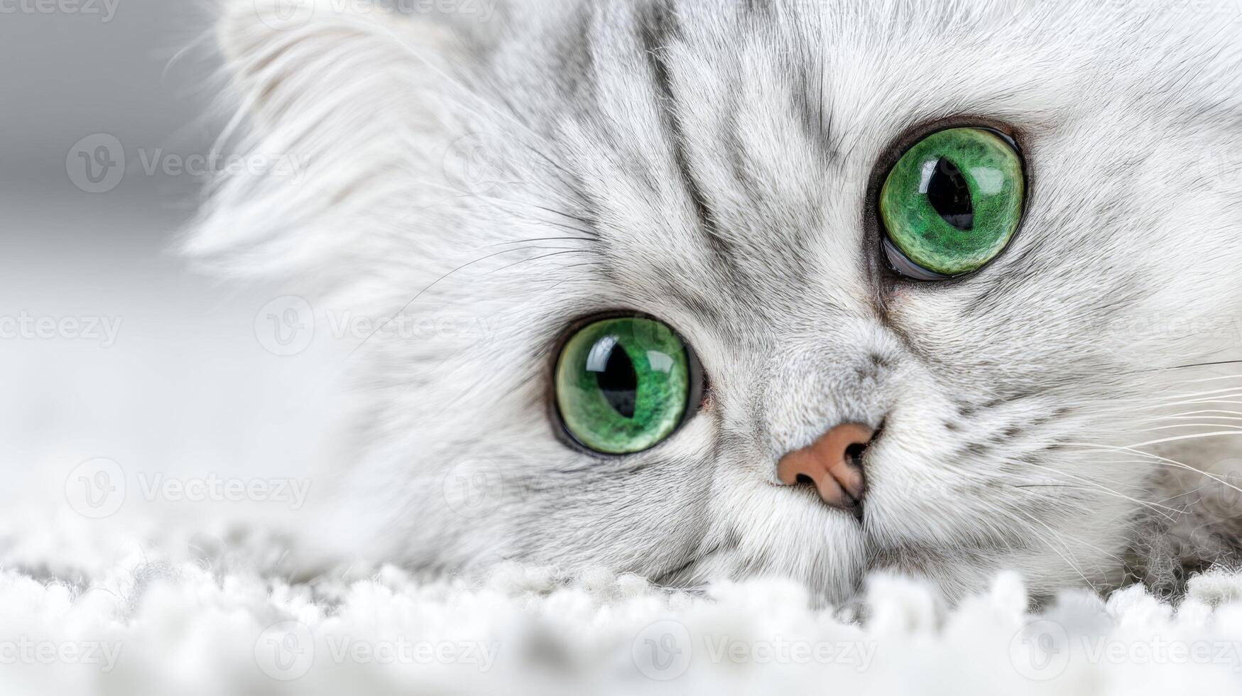 Close-Up of a Grey Persian Cat with Striking Green Eyes Resting on a Soft White Blanket in a Cozy Indoor Space photo