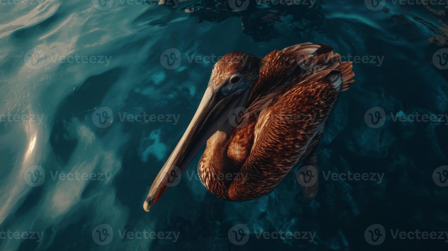 Brown Pelican Floating Gracefully on Calm Waters Surrounded by Gentle Waves Under a Bright Blue Sky photo
