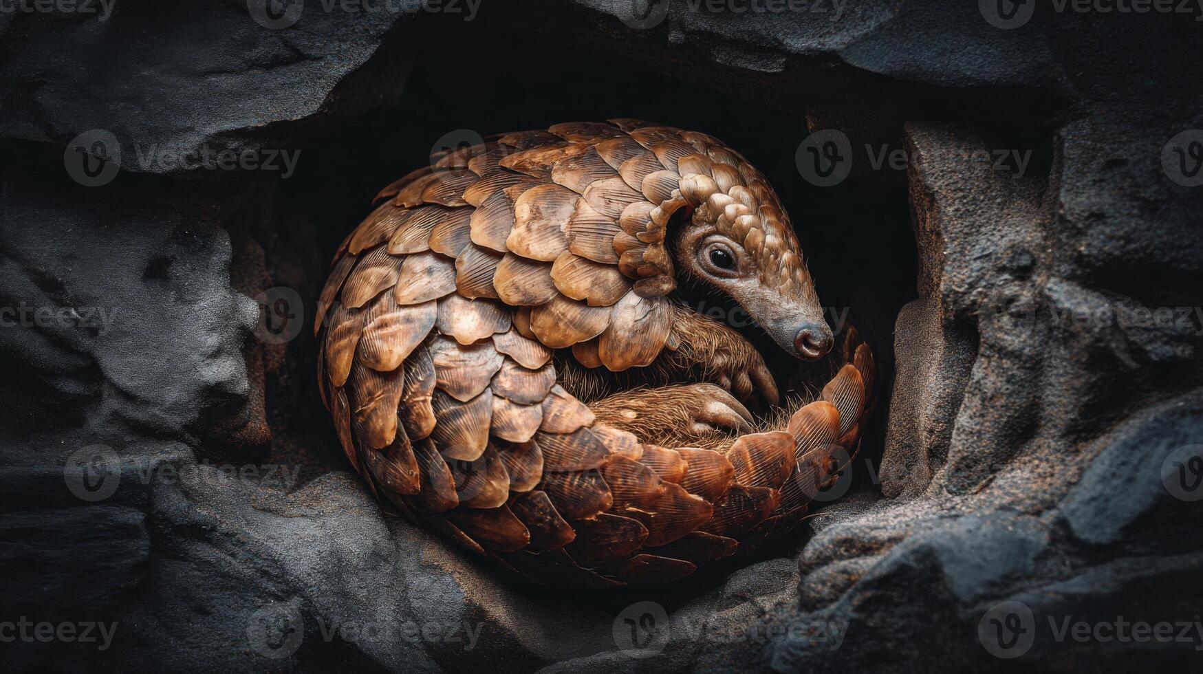 Close-Up of a Brown Pangolin Nestled in a Rock Crevice Surrounded by Natural Textures and Warm Lighting photo